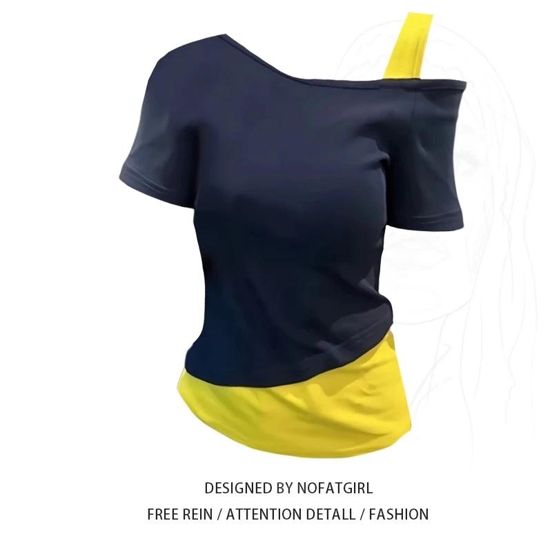 大码胖MM纯欲风假两件斜肩T恤女夏季新款修身显瘦设计感别致上衣