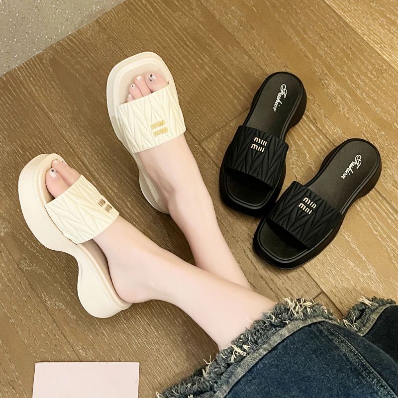 2025夏季新款时尚外穿厚底888-1折皱女凉拖鞋网红凉鞋休闲百搭2