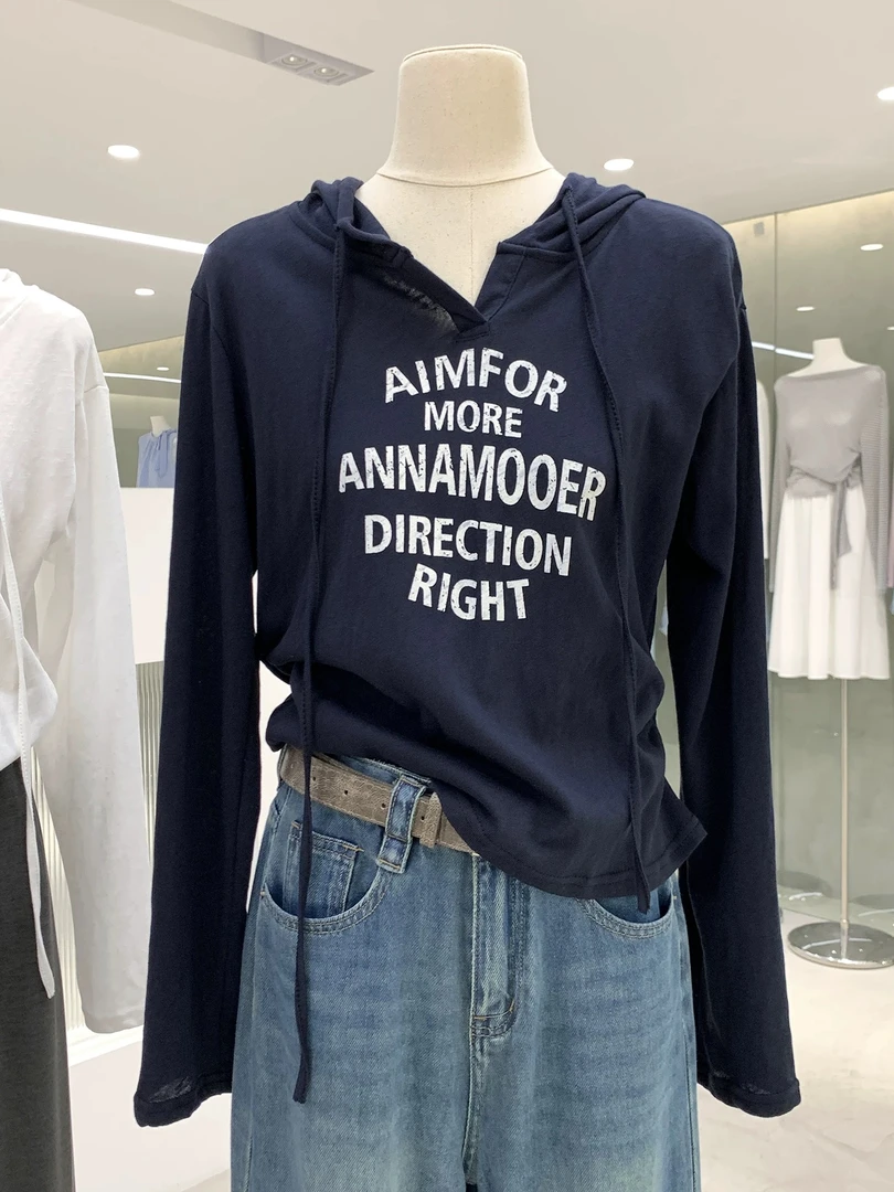 女秋季长袖宽松连帽褶皱短款T恤印花薄款韩版字母