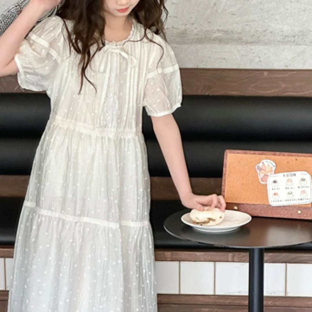 918-沫弛尔女大童波点公主裙女连衣裙泡泡袖长裙极简风