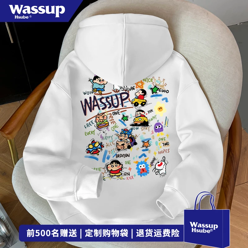 WASSUP HSUBE秋冬慵懒风上衣男女蜡笔小新涂鸦印花百搭连帽卫衣