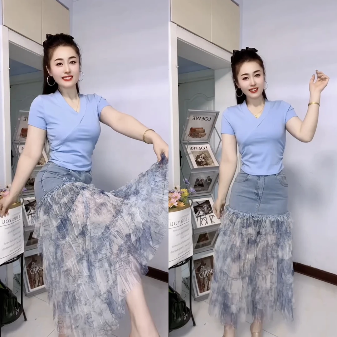 2025夏季洋气牛仔拼接网纱半身裙搭配弹力修身短袖T恤两件套