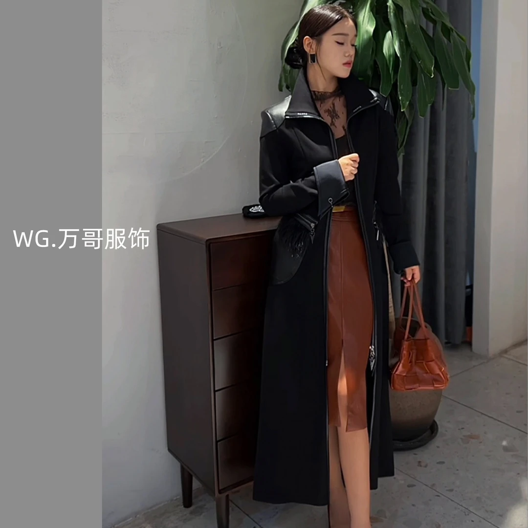 【WG.万哥精选】中长款大衣拼接皮质插肩袖女士风衣外套