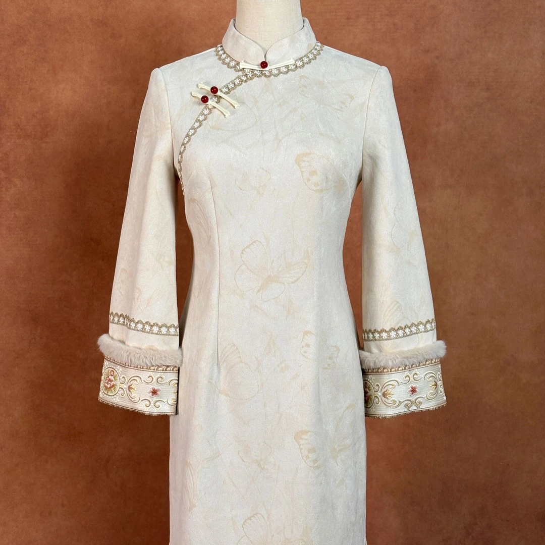 【暖杏】2025年秋冬款单层背后拉链气质加绒复古日常旗袍长约115