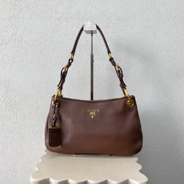 95新 Prada/普拉达 棕色荔枝纹托特 063115 底长30