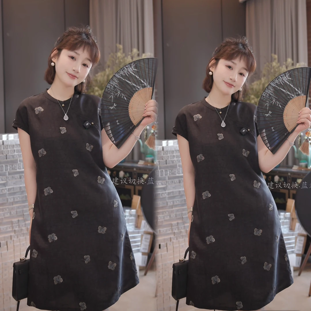 清仓～新中式高定别冲动～100人丝龟裂纹刺绣连衣裙