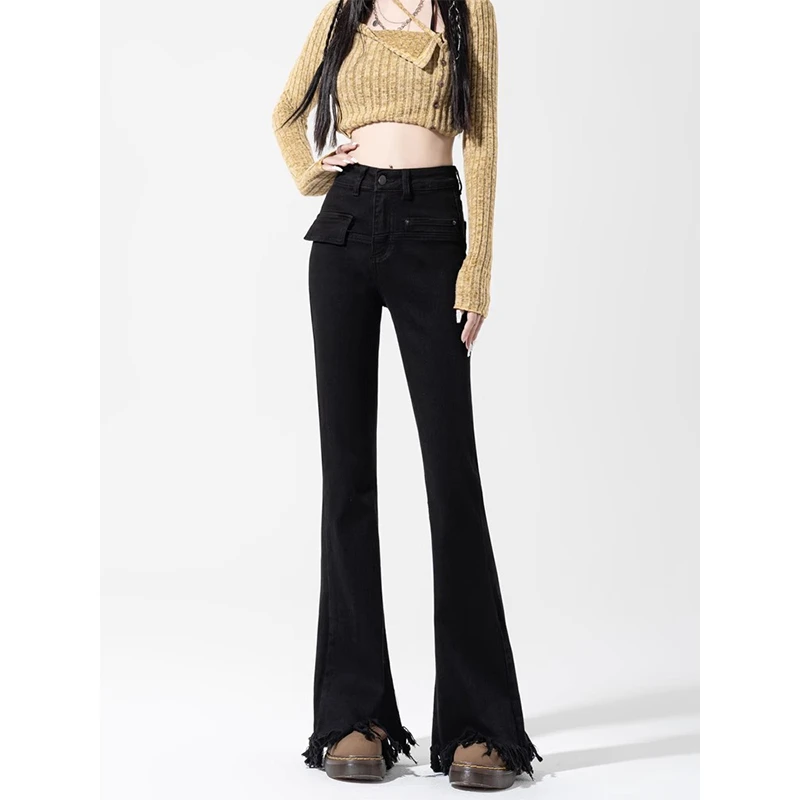 2-300斤胖mm大码女装辣妹流苏微喇牛仔裤春季新款显瘦弹力微喇裤