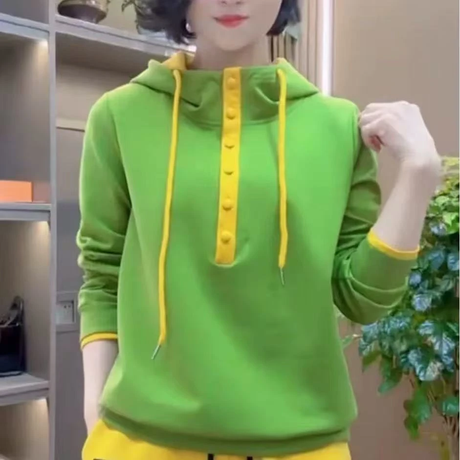 春季新款休闲时尚撞色拼接连帽卫衣6285