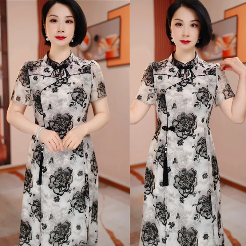 黑玫瑰夏季新款遮肉显瘦中长款连衣裙优雅复古H5B093中国风