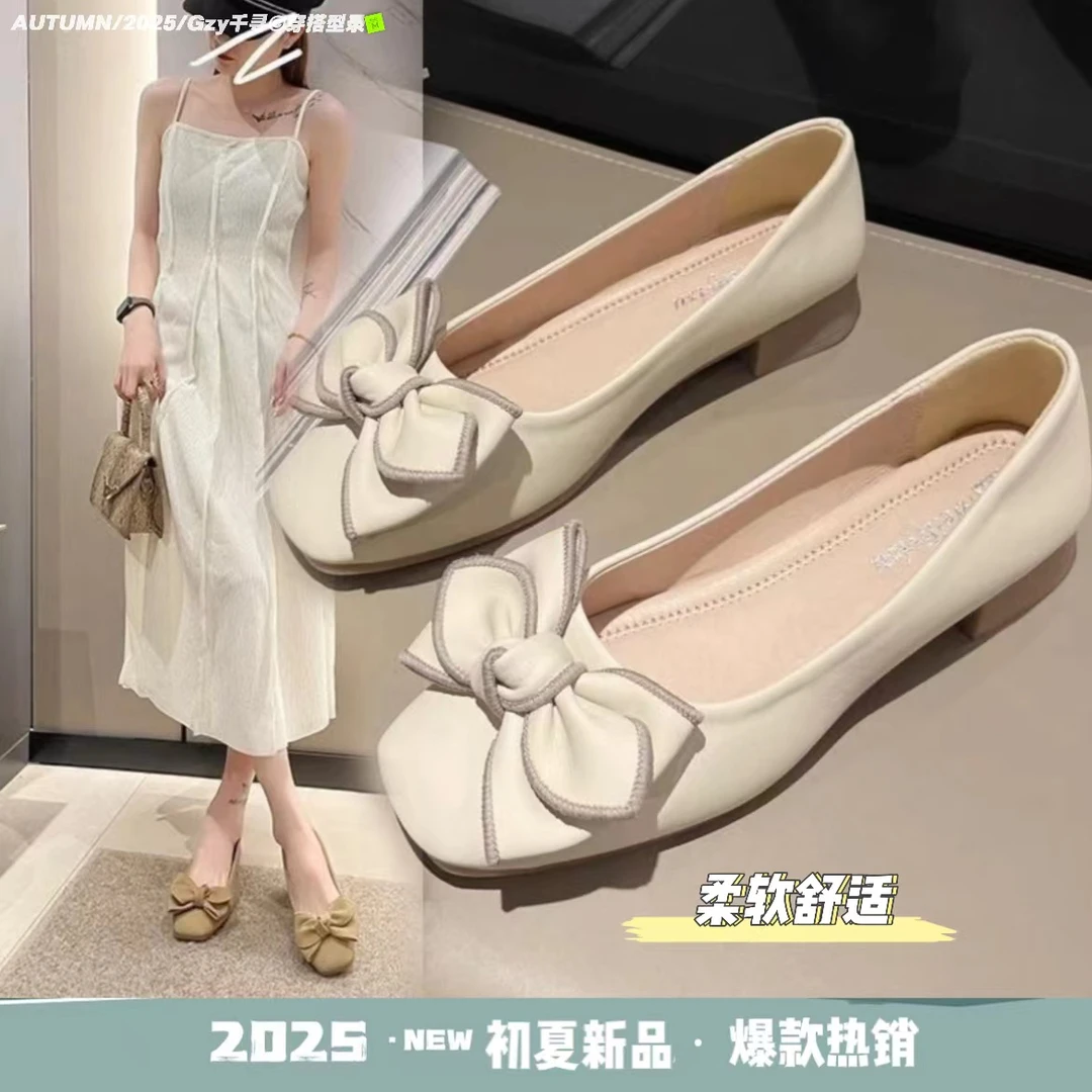 高品质牛筋软底女2025新款百搭一脚蹬蝴蝶结小单鞋夏季平底方头