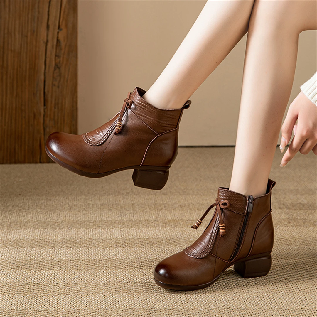 2025秋冬粗跟短靴女皮鞋新款圆头复古软底舒适百搭气质马丁靴单靴