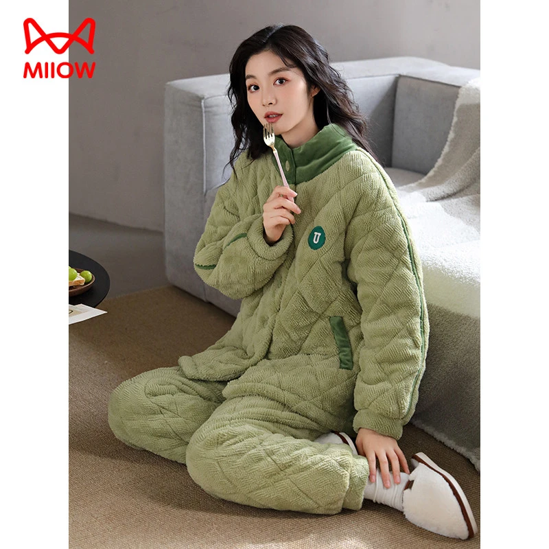 猫人法兰绒睡衣女冬季新款保暖加绒加厚三层夹棉珊瑚绒家居服套装