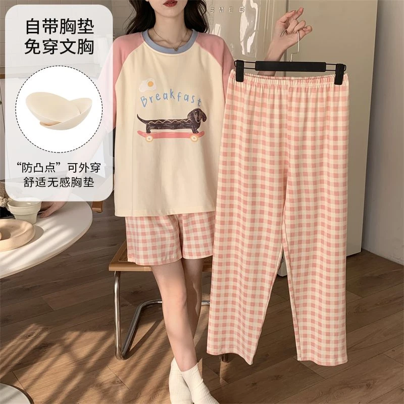 芯语婷夏季新款甜美带胸垫格子腊肠狗三件套睡衣女短袖卡通套装