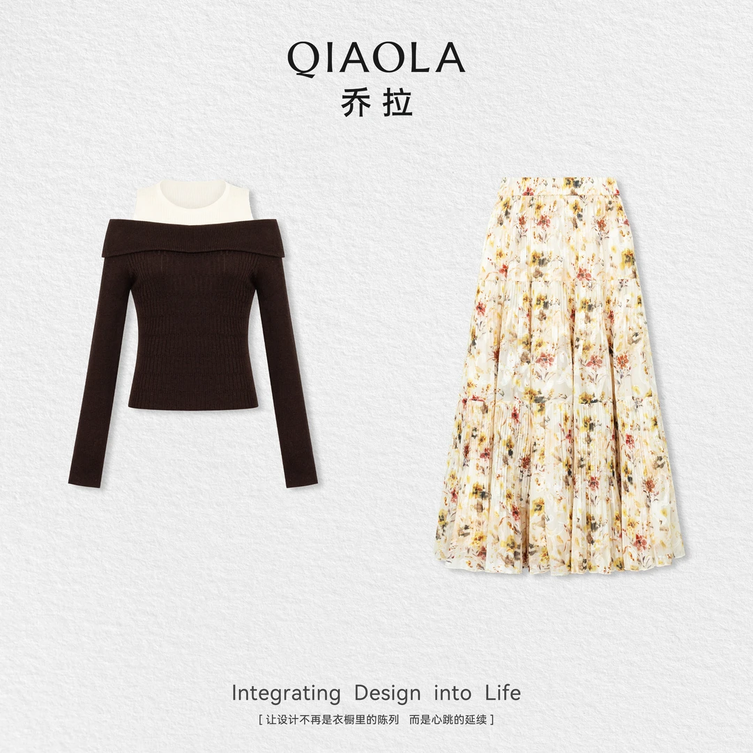 QIAOLA/乔拉【半岛之约】秋季羊毛时尚简约上衣梭织压褶印花长裙