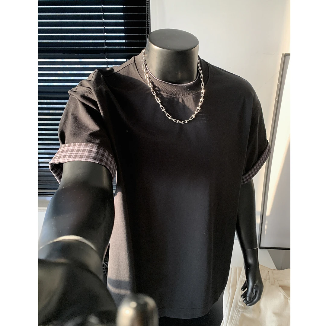 夏季格子翻边设计纯棉短袖tee男女同款假两件文艺时尚休闲T恤上衣