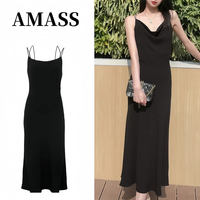 AMASS/阿玛施法式黑色气质大码吊带显瘦遮肚子连衣裙5500456