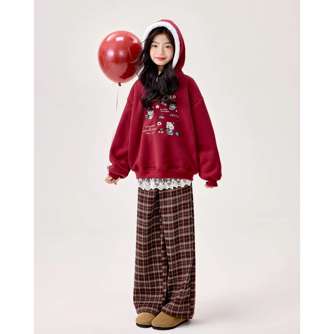 25WY089女童加绒连帽卫衣冬款女孩保暖圣诞上衣大童过年服冬装