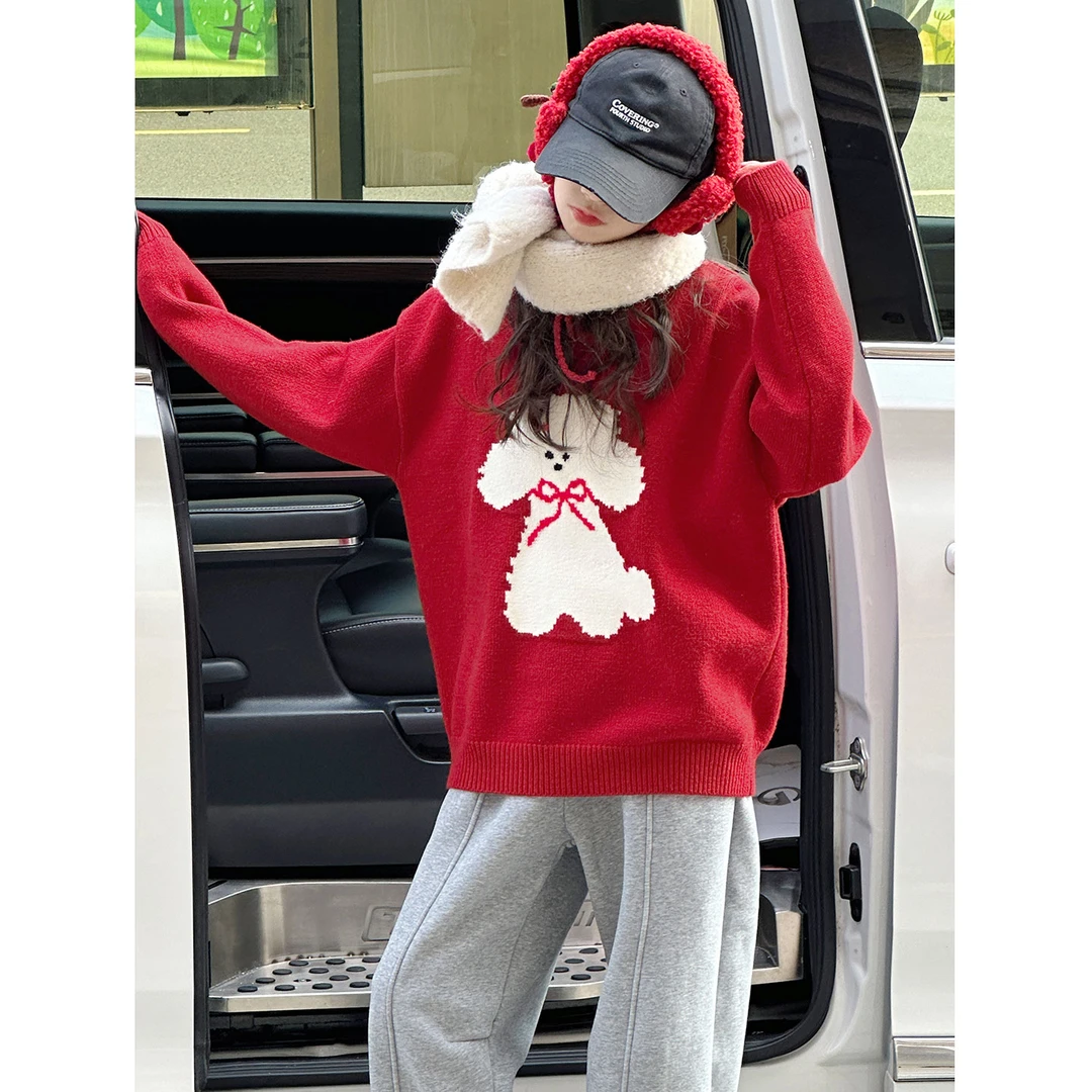 K30324孙小美提花女童红色毛衣2025新款秋冬儿童打底针织衫圣诞服