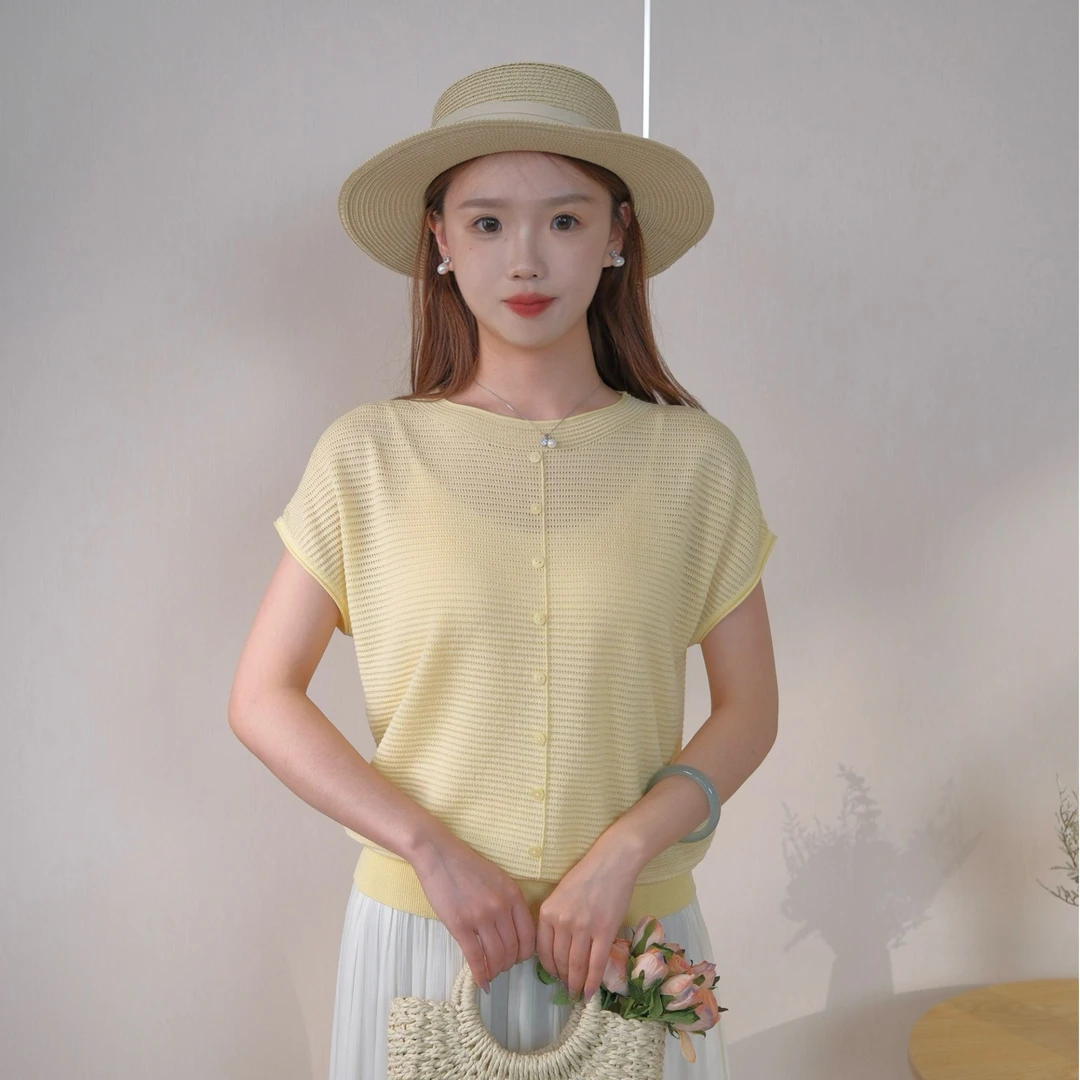 女夏季圆领通勤纯色短袖毛针织衫上衣复古开衫百搭