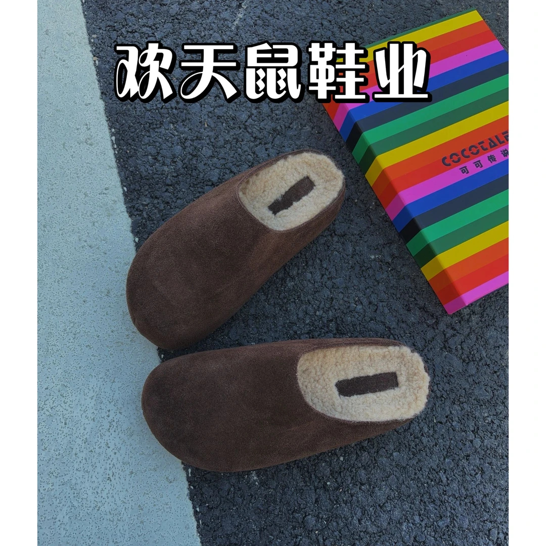 头层牛皮勃肯鞋女士冬季时尚百搭包头羊羔毛半拖勃肯拖鞋55311-9