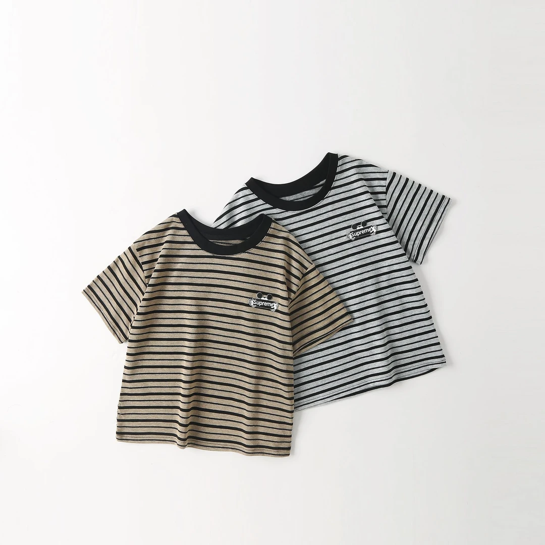 夏季儿童细条问刺绣小标中大童圆领短袖T恤 2667