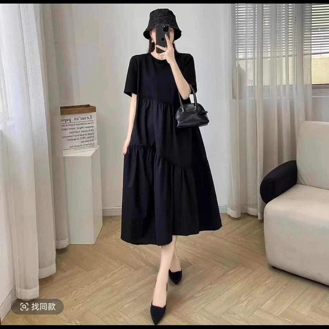 胖mm黑色短袖赫本风连衣裙女夏季新款韩版宽松显瘦大码中长款裙子