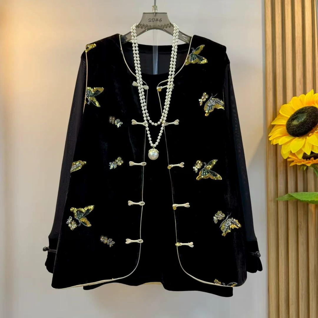 新中式大码女装秋季款胖mm国潮风盘扣亮钻蝴蝶马甲搭配小衫两件套