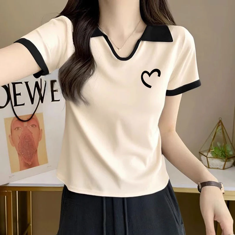 纯棉短袖t恤女夏季薄款学生宽松大码时尚爱心小香风撞色翻领上衣