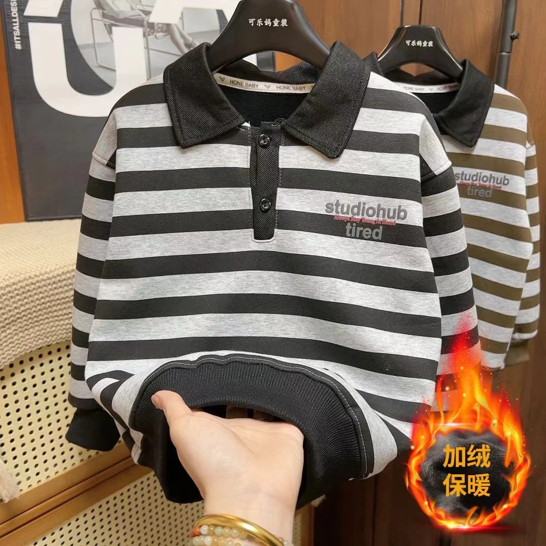 条纹加绒polo领～时尚中大童炸街上衣打底衫洋气卫衣潮