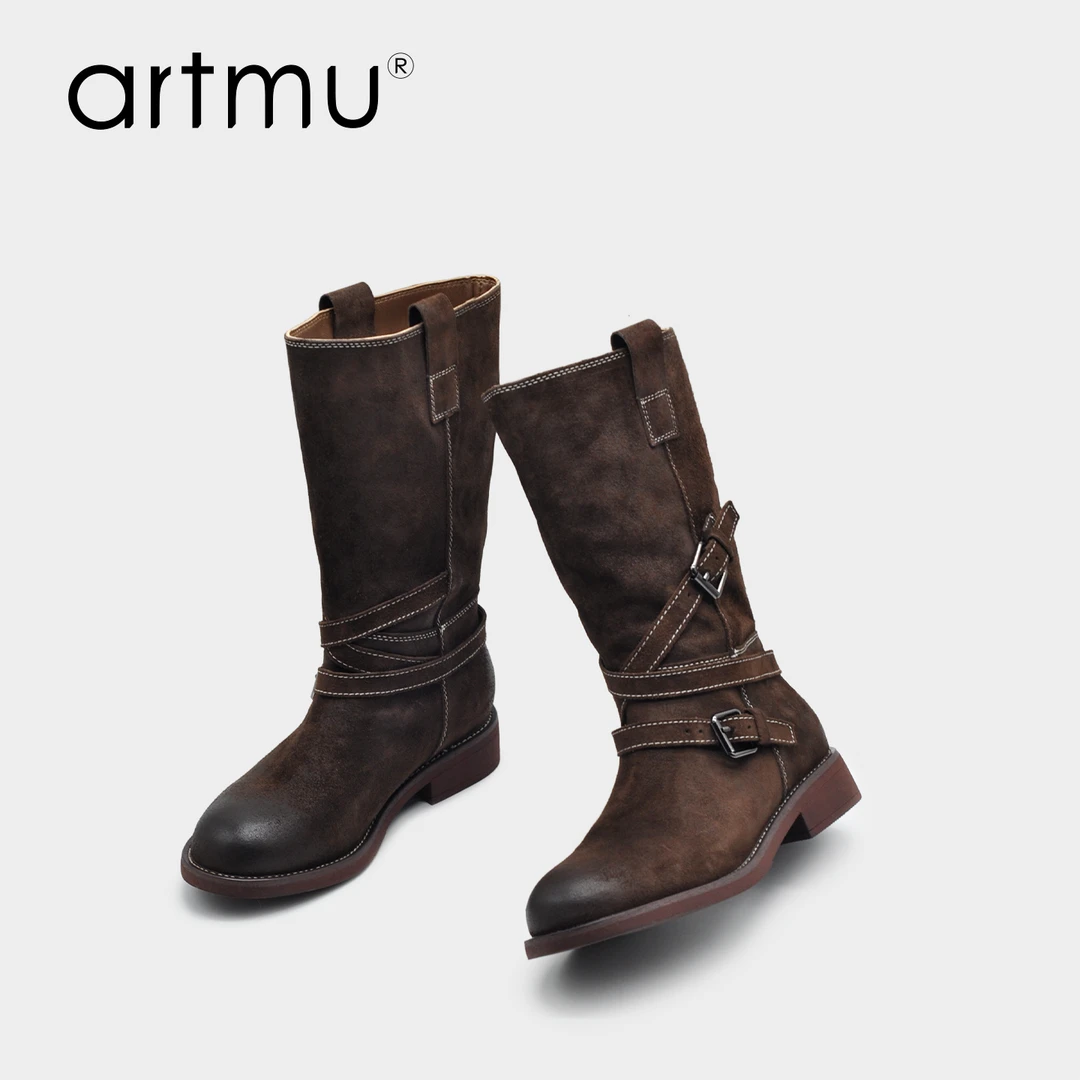 Artmu阿木牛皮靴子中筒靴女马丁靴女款新款骑士靴双扣西部靴M638