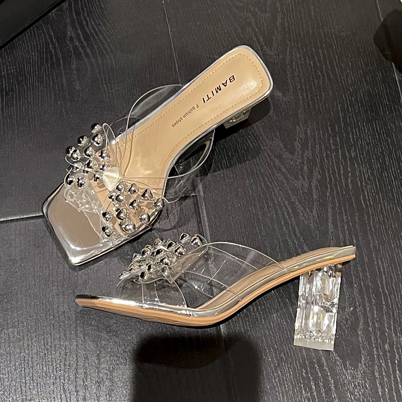 仙女风蝴蝶结铆钉透明凉拖鞋新款露趾水晶粗跟高跟一字拖高跟鞋女