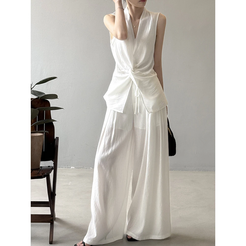 设计感扭结无袖衬衫套装女 夏季气质上衣+阔腿拖地长裤82352