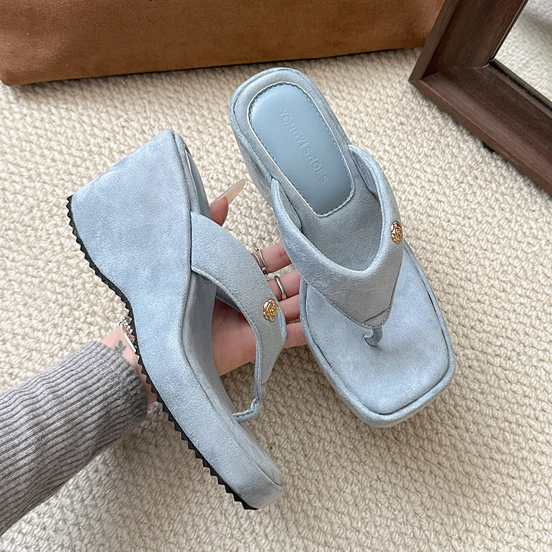 防水台坡跟拖鞋夹脚人字拖鞋方头简约法式女士高跟凉拖鞋室外穿夏