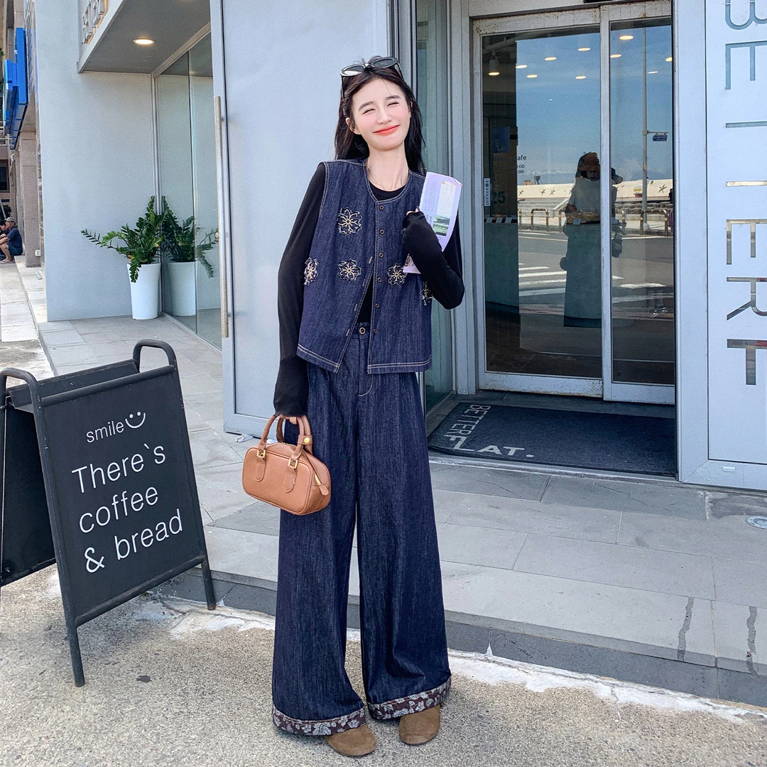 深蓝色复古刺绣马甲牛仔套装女2025秋季新款韩系休闲阔腿裤两件套