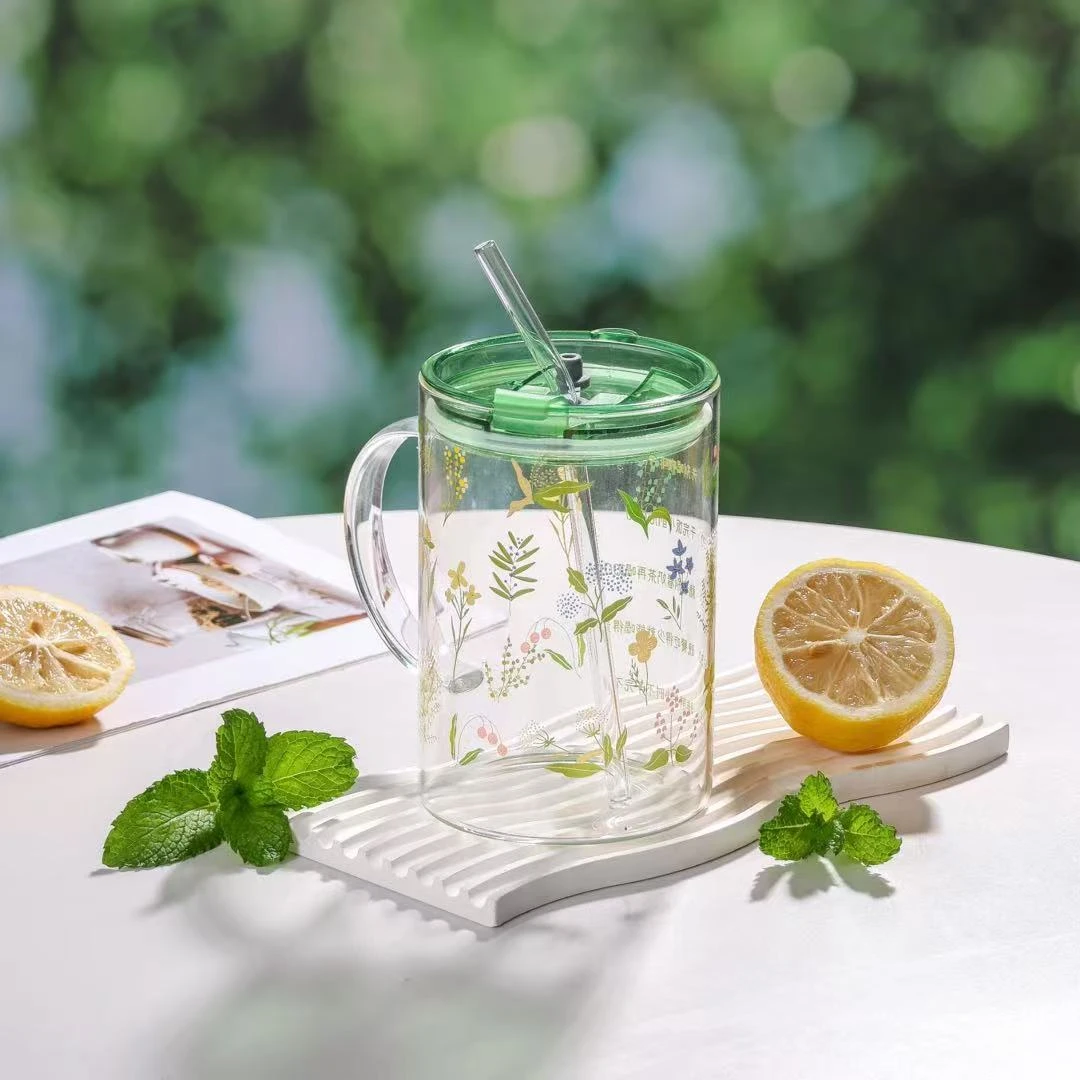 大容量小清新吸管玻璃杯刻度水杯办公室高颜值耐热防烫喝水咖啡杯