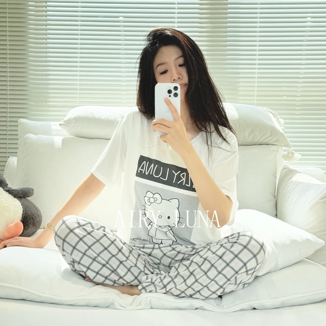 夏季莫代尔薄款短袖长裤三件套女可外穿休闲睡衣家居服短裤套装