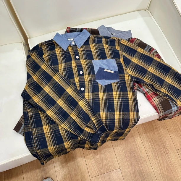 【醒醒】美式复古拼接牛仔领格纹衬衫潮牌设计感休闲长袖衬衣C3005