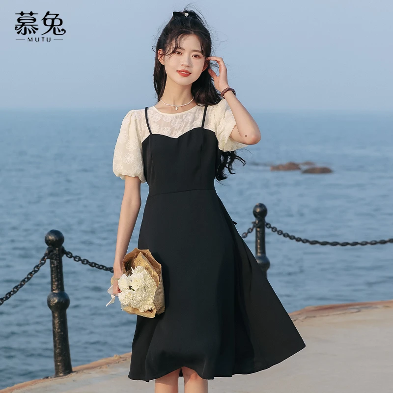 慕兔假两件拼接连衣裙少女2025夏季新款法式泡泡袖设计感小众裙子