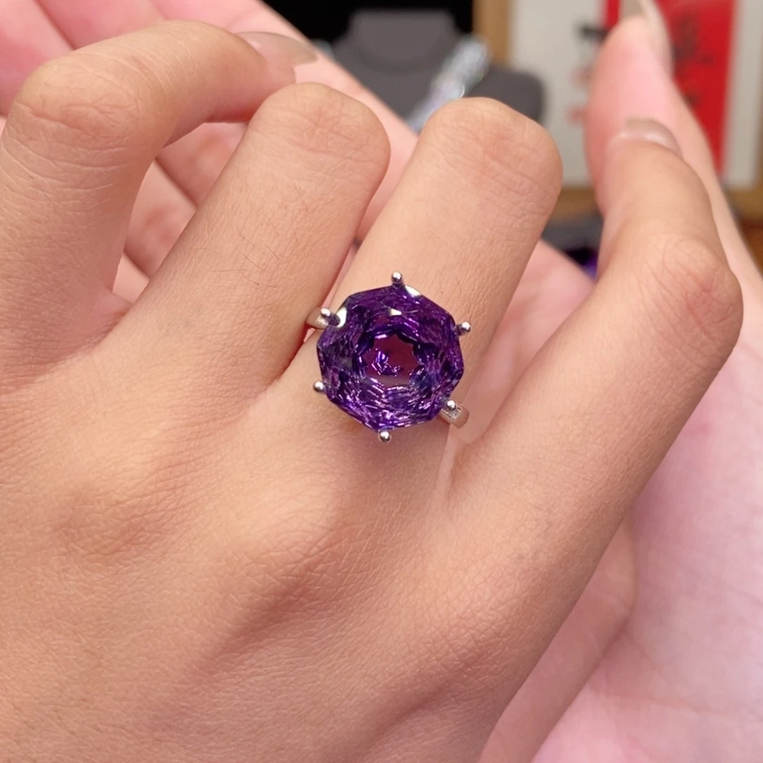 银S925镶嵌戒指水晶紫罗兰色玫瑰切12ct