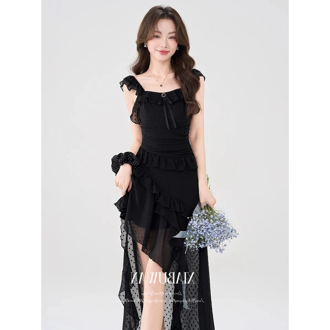 夏不晚法式小飞袖吊带连衣裙女夏季新款设计感小众不规则拖尾长裙