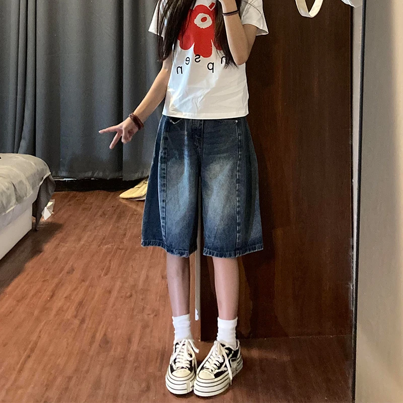 蓝色高级感做旧阔腿五分牛仔裤女2025夏季款高腰宽松显瘦直筒短裤