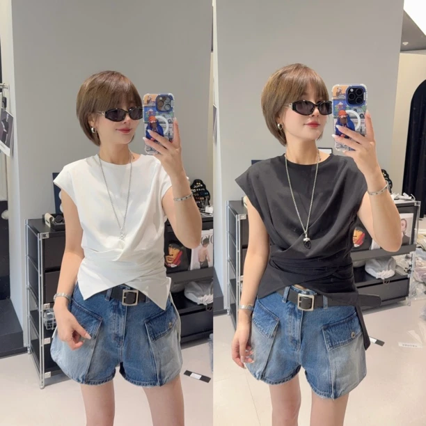 AX设计师小众坎袖收腰显瘦不规则无袖T恤