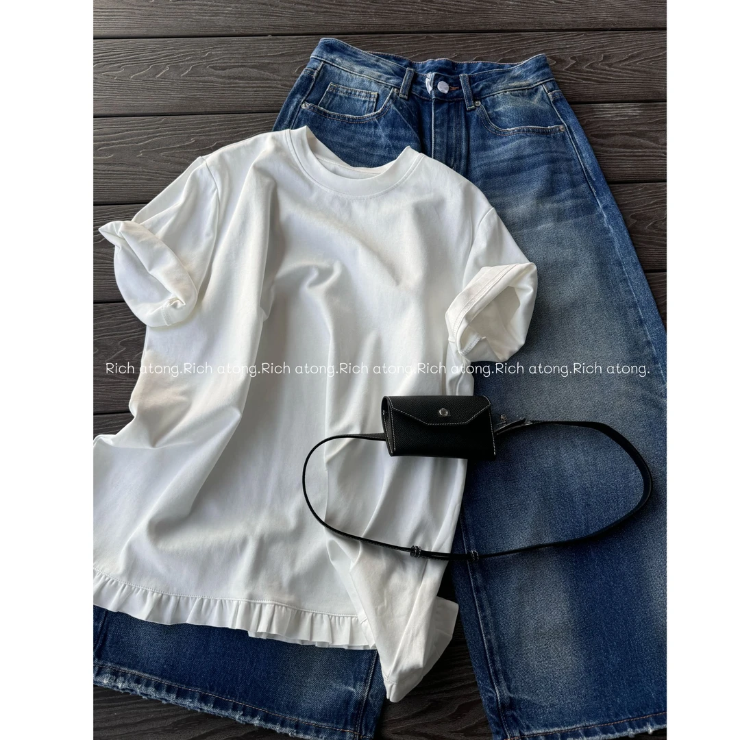 atong/阿彤-【本素】-2025 极简拼接花边下摆泡菜短袖