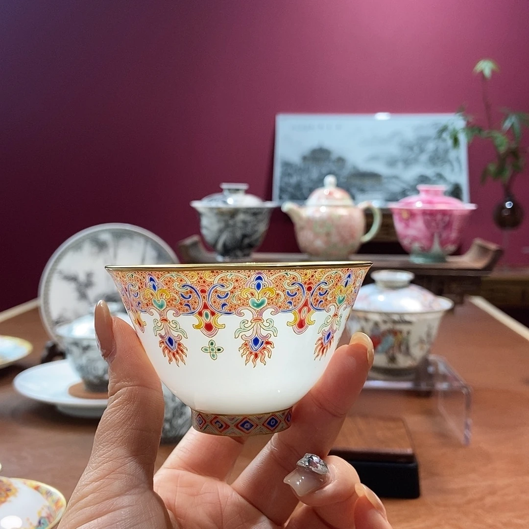 山月闲微瑕超薄胎脱胎瓷高温手工珐琅彩主人杯
