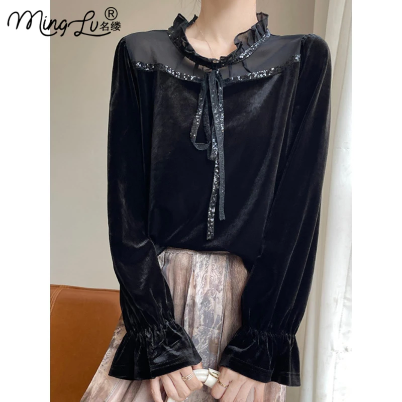 法式复古木耳边打底衫女2025秋冬新款高级感金丝绒时尚喇叭袖上衣