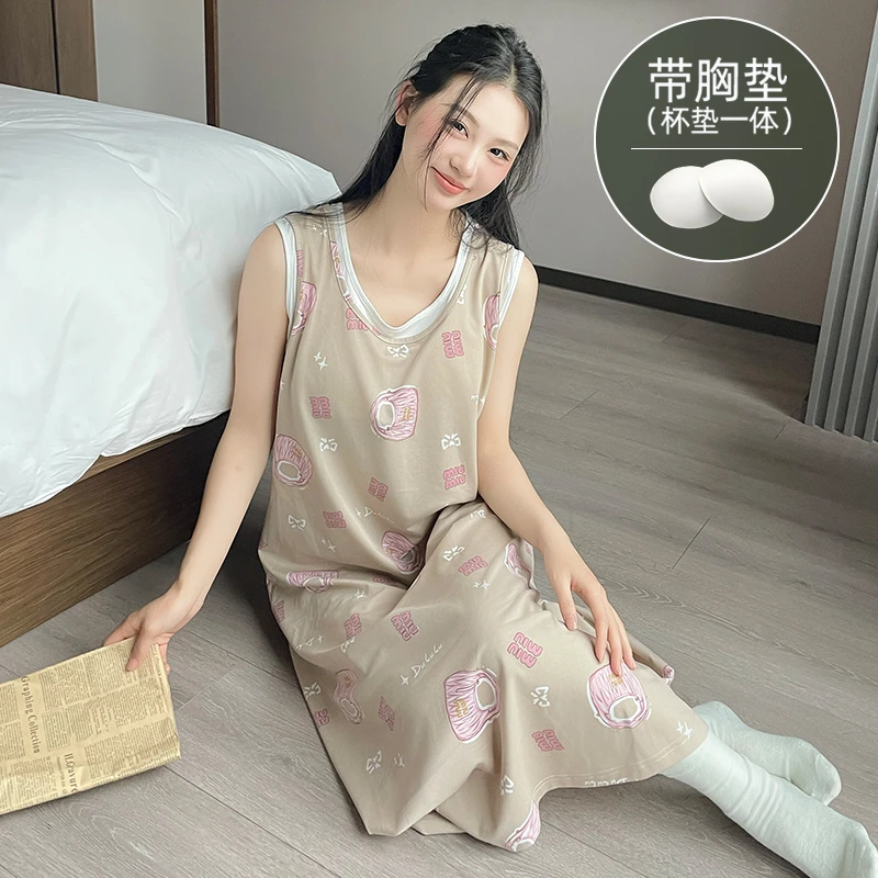 带胸垫背心睡裙女款爆款2025新款夏季薄款无袖长款皱布棉舒适睡裙