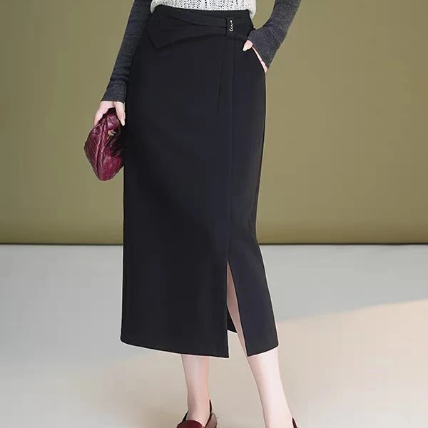 秋冬高腰显瘦中长款气质开叉呢子西装半身裙