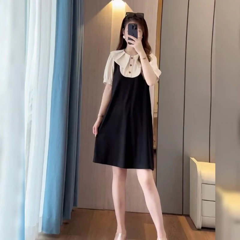 大码娃娃领连衣裙女夏季胖mm赫本黑色连衣裙微胖mm藏肉显瘦裙子