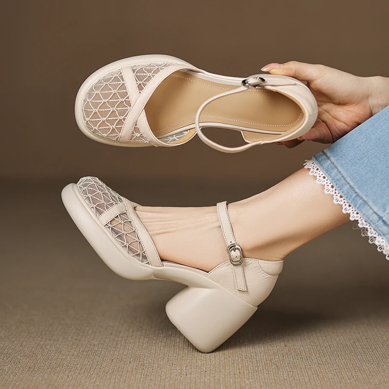 羊皮4-8厘米 34-40时尚百搭夏季软底复古镂空仙女风高跟