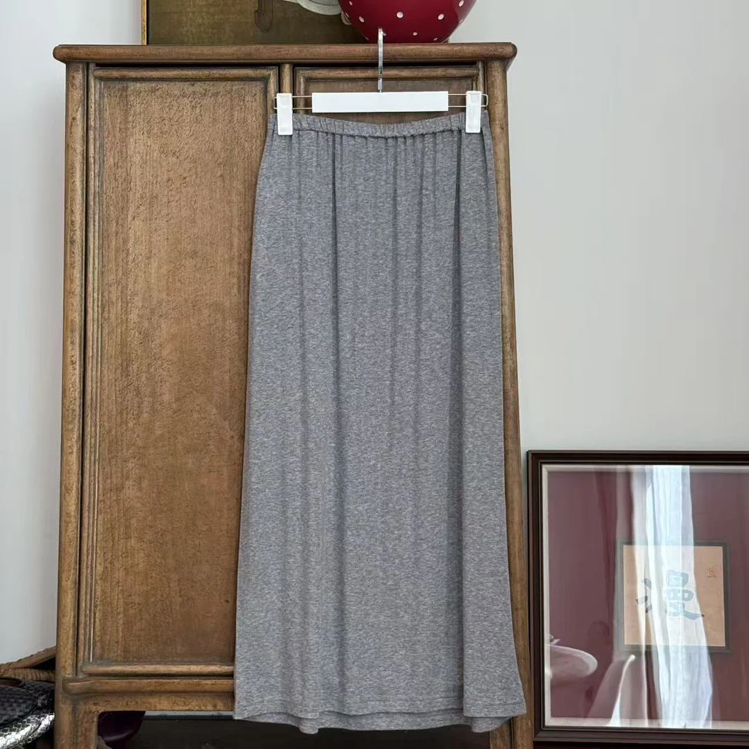 MYL2025春夏新品羊毛混纺灰色半身裙松紧腰直筒垂感休闲半裙
